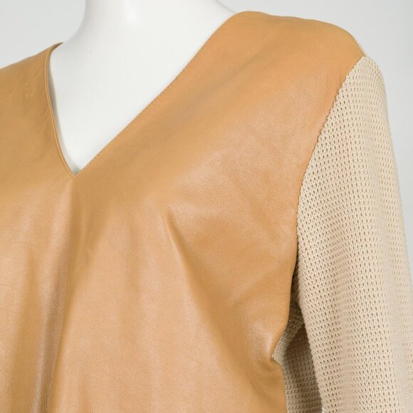 Gianfranco Ferré 1990s Vintage Beige Leather & Knit V-Neck Sweater Top - Picture 2 of 9